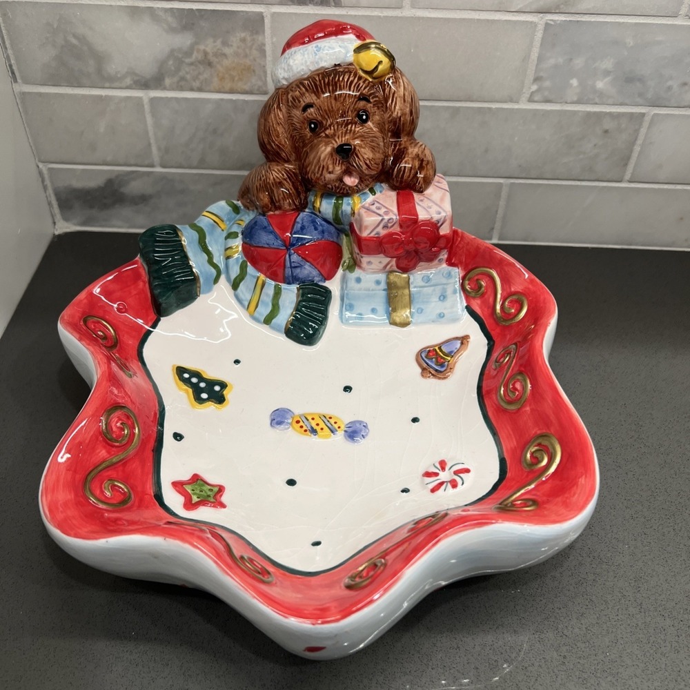 Noble Excellence Christmas Puppy Bowl Candy Dish Embossed 9x10 3D 2"deep 3"thick